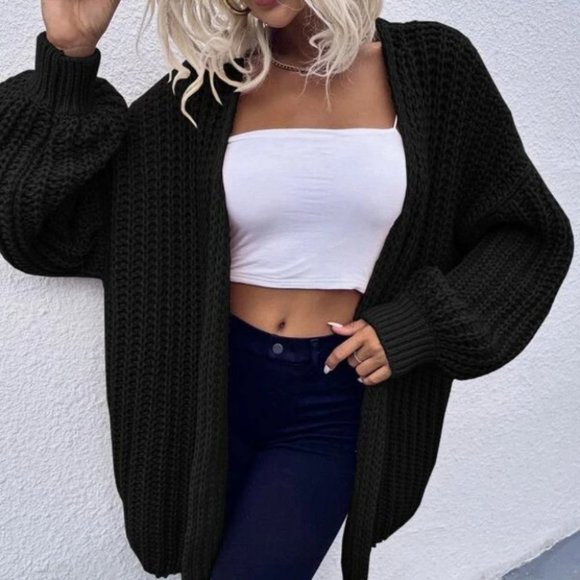 black Chunky Knit Open front comfy cozy sweater Cardigan - Picture 4 of 10